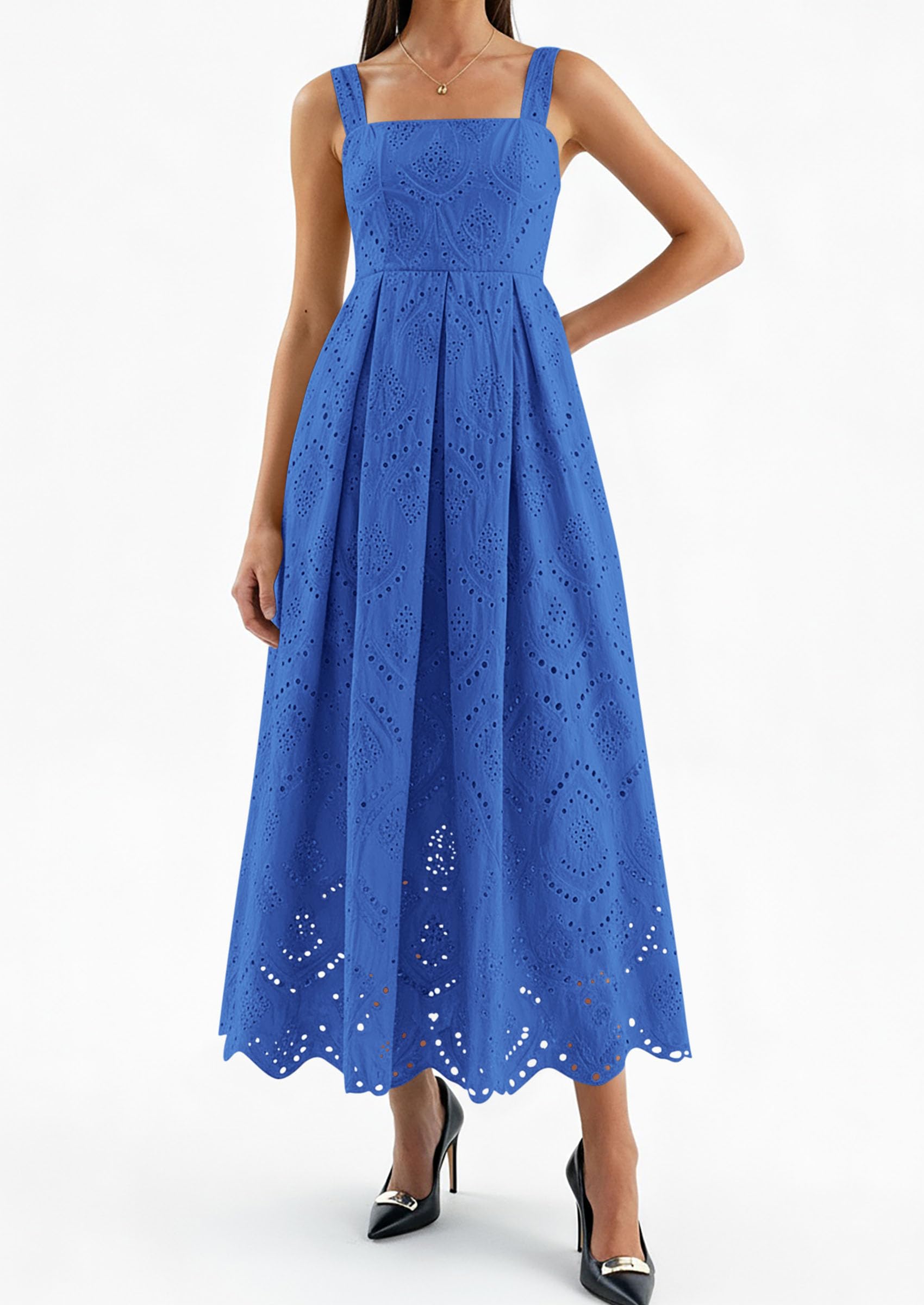 PRETTYGARDEN Womens Sleeveless Maxi Summer Dresses Hollow Out Eyelet Square Neck Ruffle Flowy Beach Vacation Sundress PRETTYGARDEN