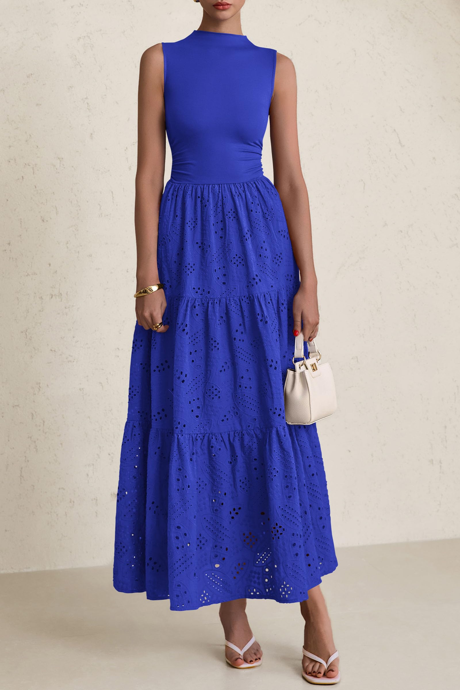 PRETTYGARDEN Dresses for Women Casual Eyelet Sleeveless Wedding Guest Maxi Dress Tank Top Sundress with Pockets