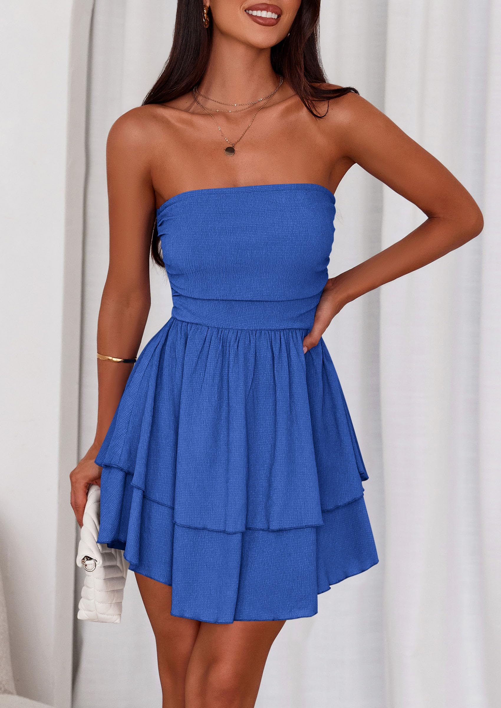 PRETTYGARDEN Women's Summer Strapless Tube Mini Dress Off Shoulder Smocked Ruffle A Line Flowy Short Party Club Dresses