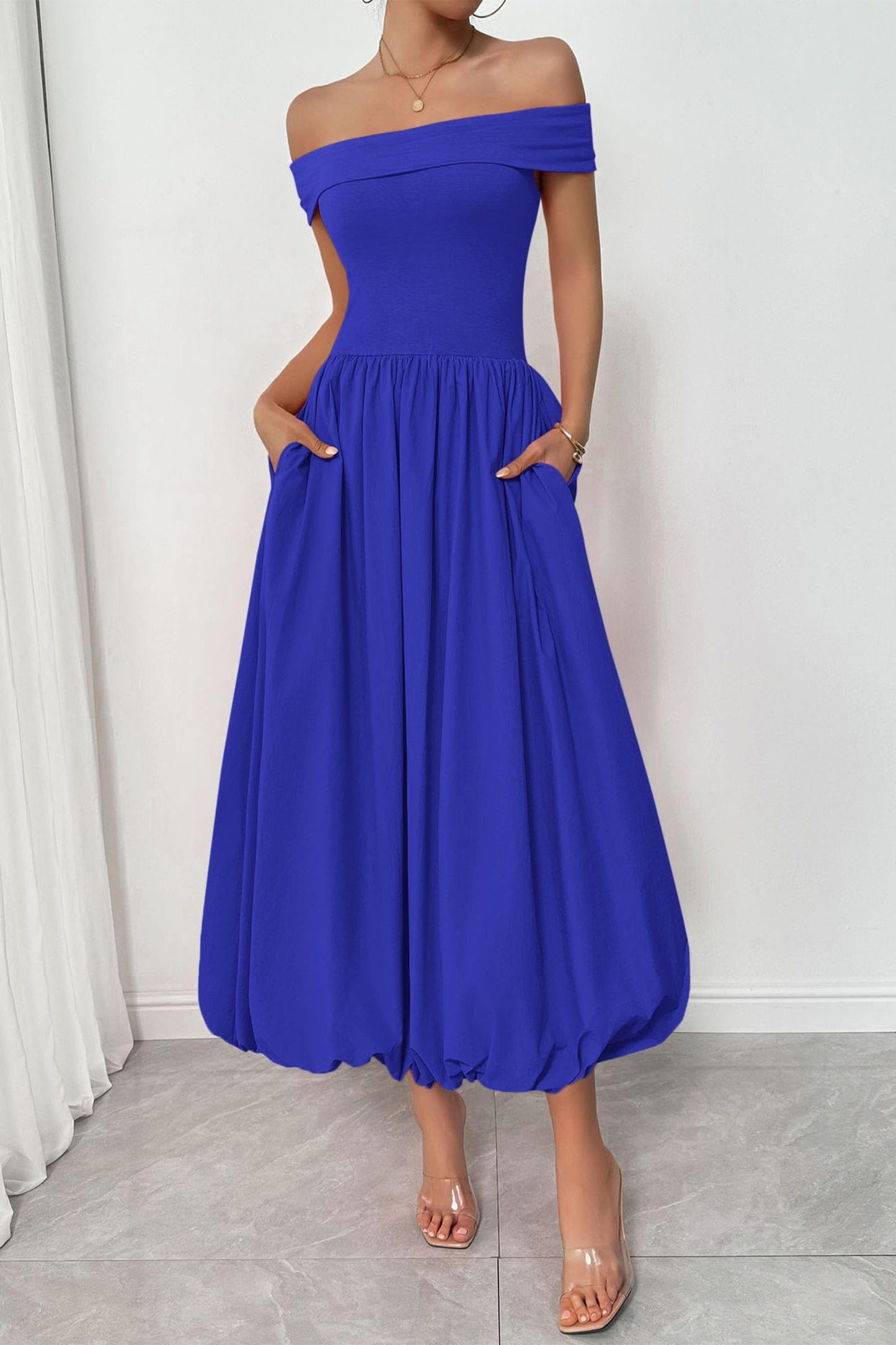 Womens Summer Off Shoulder Sleeveless Midi Dress Cocktail A Line Flowy Wedding Guest Dresses with Pockets