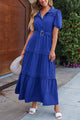 Summer Puff Short Sleeve Lapel V Neck Tiered A Line Flowy Party Dresses With Belt