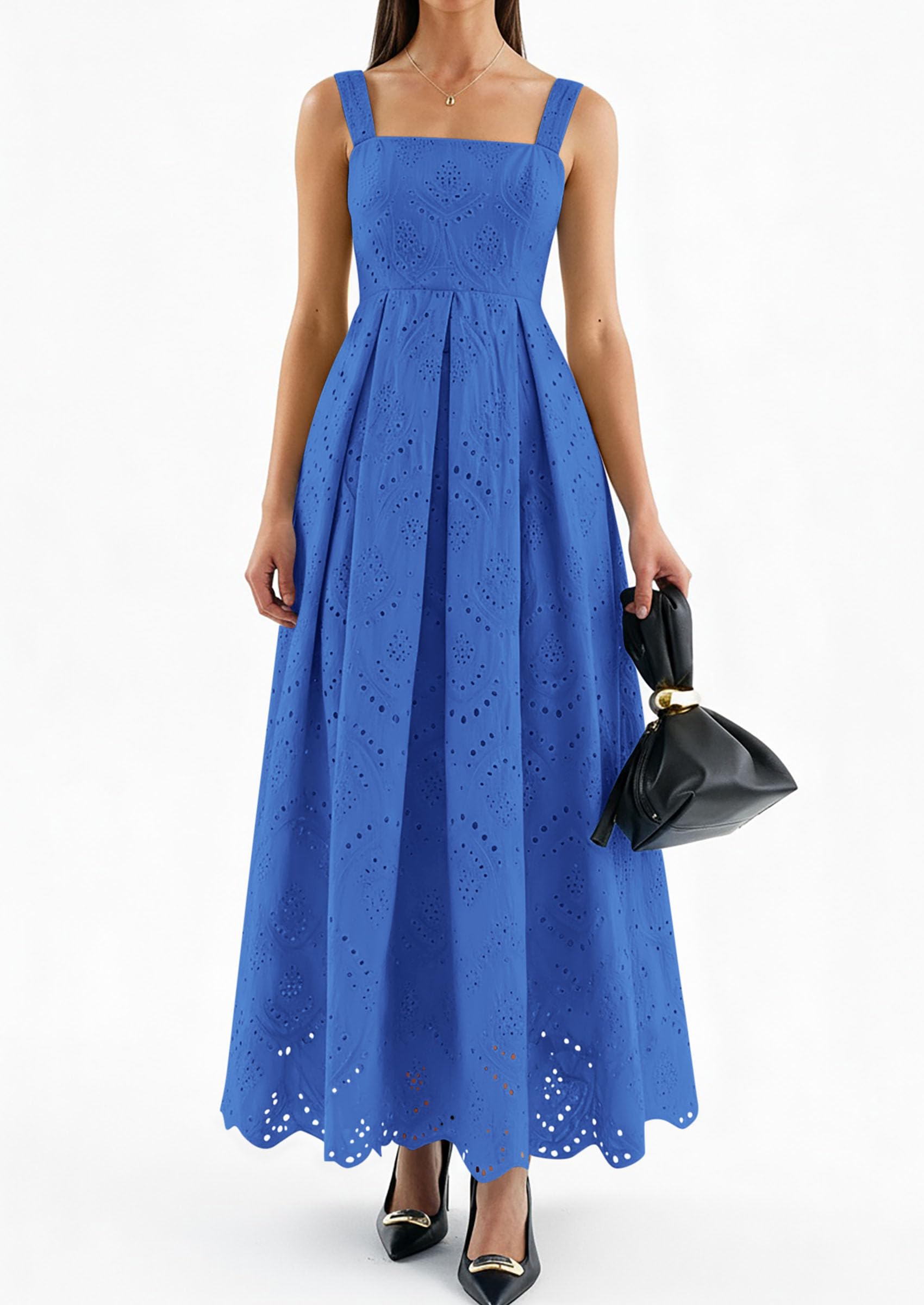 PRETTYGARDEN Womens Sleeveless Maxi Summer Dresses Hollow Out Eyelet Square Neck Ruffle Flowy Beach Vacation Sundress PRETTYGARDEN