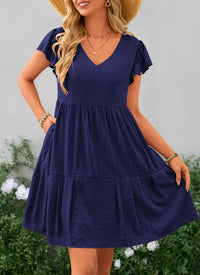 Summer Casual Cap Sleeve V Neck Tiered Ruffle Swing A Line Dresses