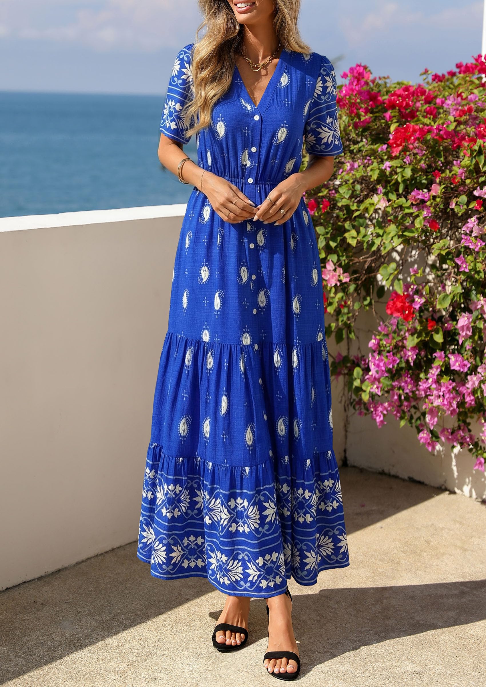 PRETTYGARDEN Womens Summer Boho Maxi Dress Trendy Short Sleeve V Neck Flowy Beach Floral Dresses with Pockets PRETTYGARDEN