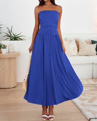 BTFBM Summer Maxi Dresses for Women Strapless Ruched Tube Top Beach Vacation Spring Wedding Guest Dress Pockets PRETTYGARDEN