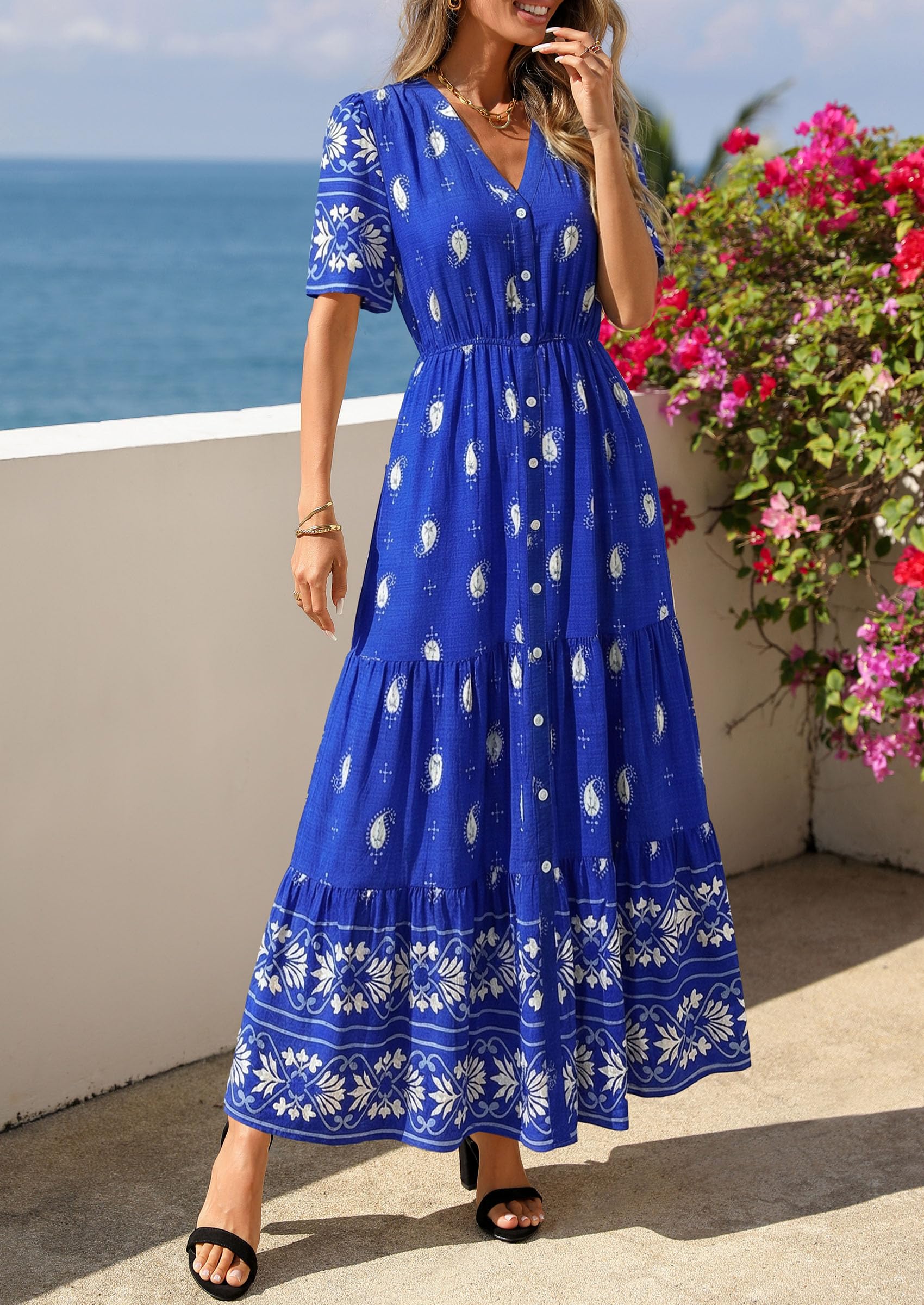 PRETTYGARDEN Womens Summer Boho Maxi Dress Trendy Short Sleeve V Neck Flowy Beach Floral Dresses with Pockets PRETTYGARDEN