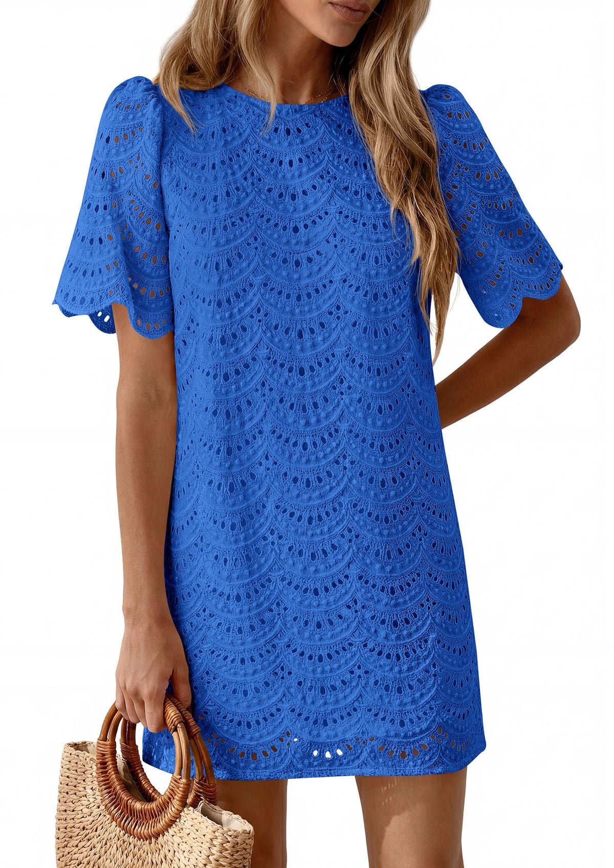 PRETTYGARDEN Women's Summer Casual Short Dresses Embroidered Lace Short Sleeve Boho Mini Dress Beach Vacation Clothes PRETTYGARDEN