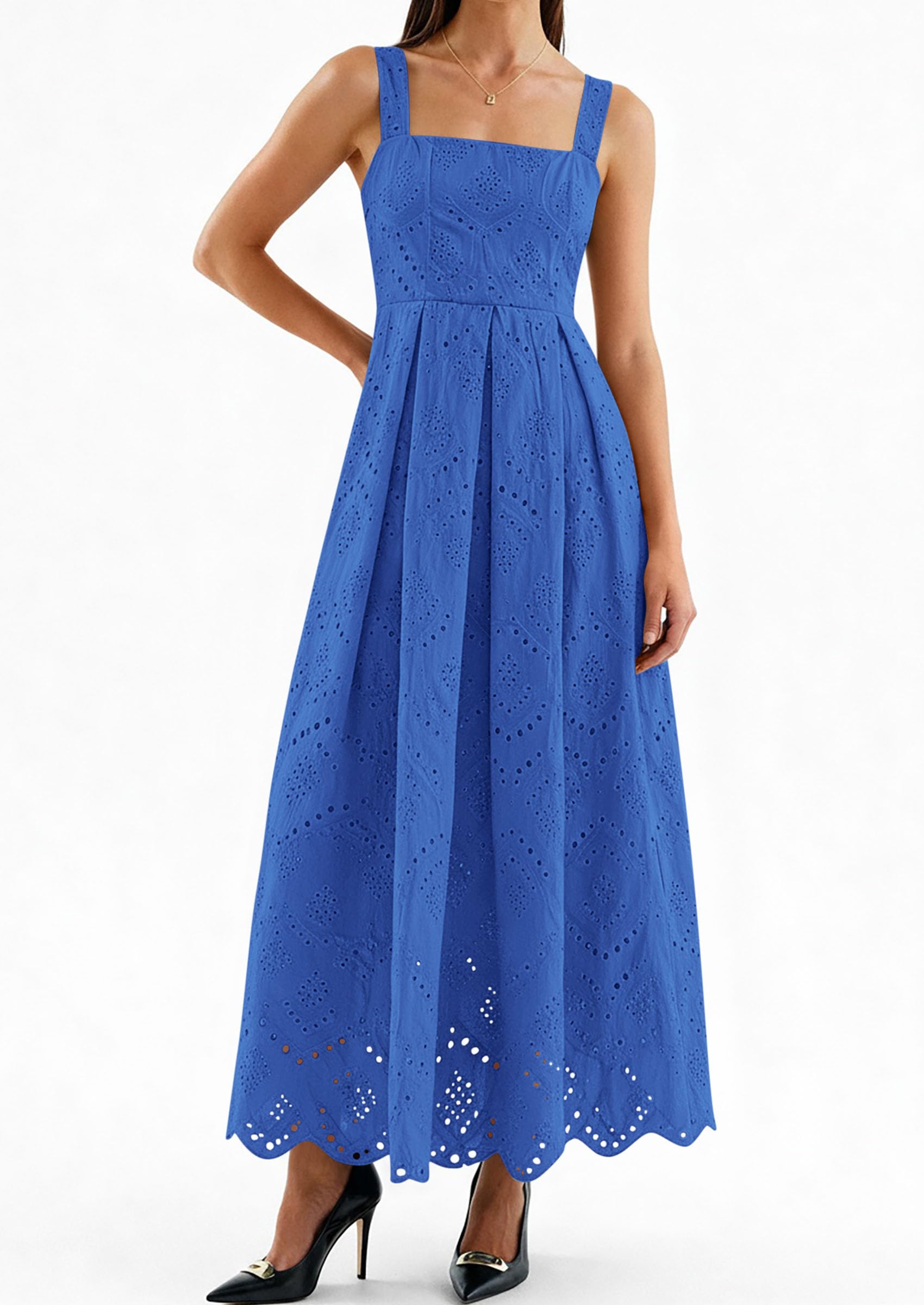 PRETTYGARDEN Womens Sleeveless Maxi Summer Dresses Hollow Out Eyelet Square Neck Ruffle Flowy Beach Vacation Sundress PRETTYGARDEN