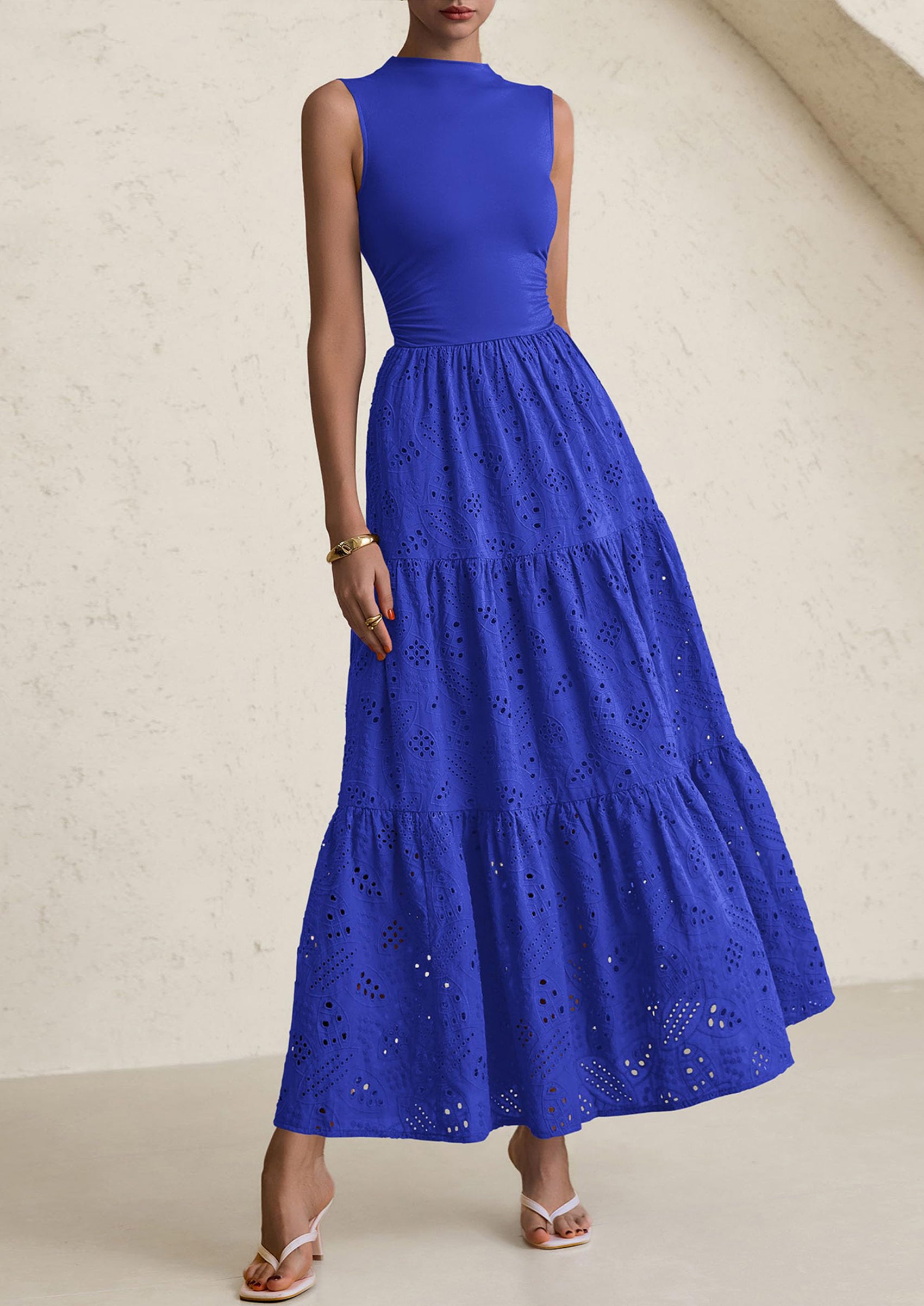 PRETTYGARDEN Dresses for Women Casual Eyelet Sleeveless Wedding Guest Maxi Dress Tank Top Sundress with Pockets