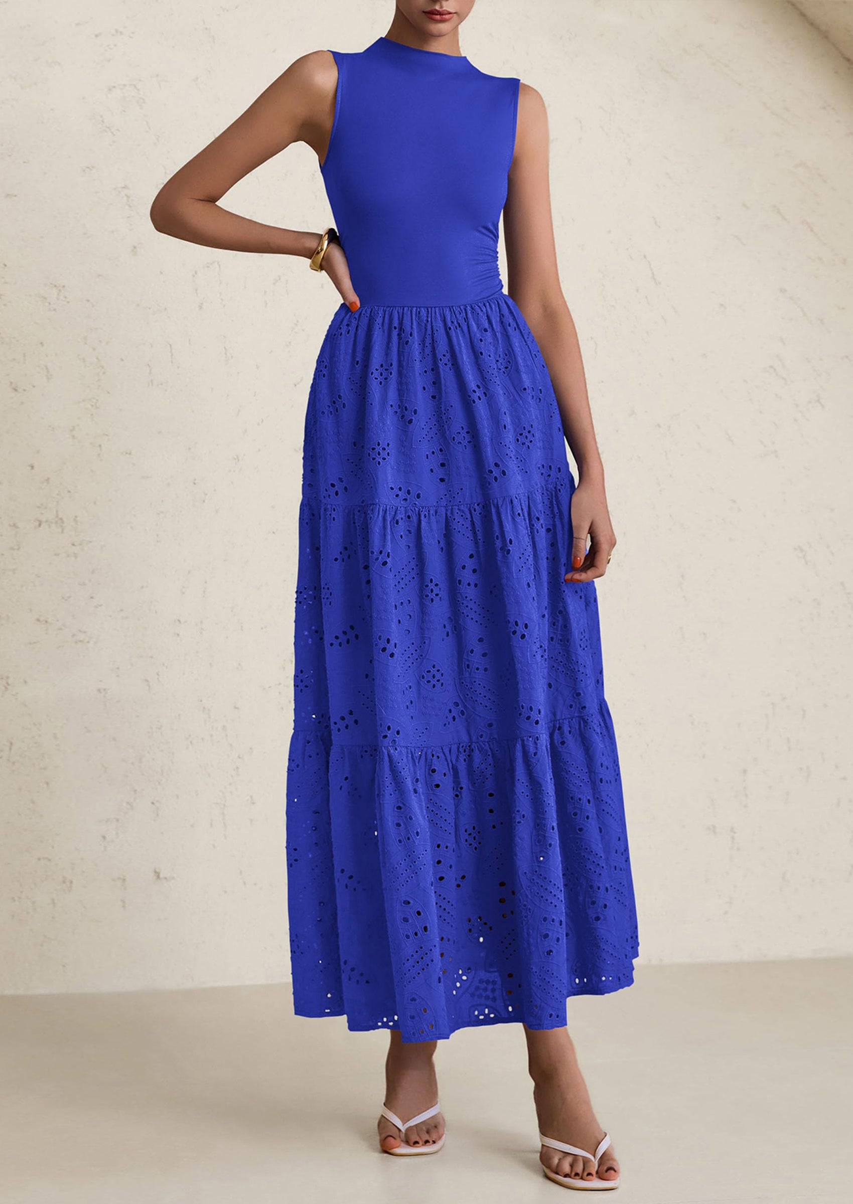 PRETTYGARDEN Dresses for Women Casual Eyelet Sleeveless Wedding Guest Maxi Dress Tank Top Sundress with Pockets