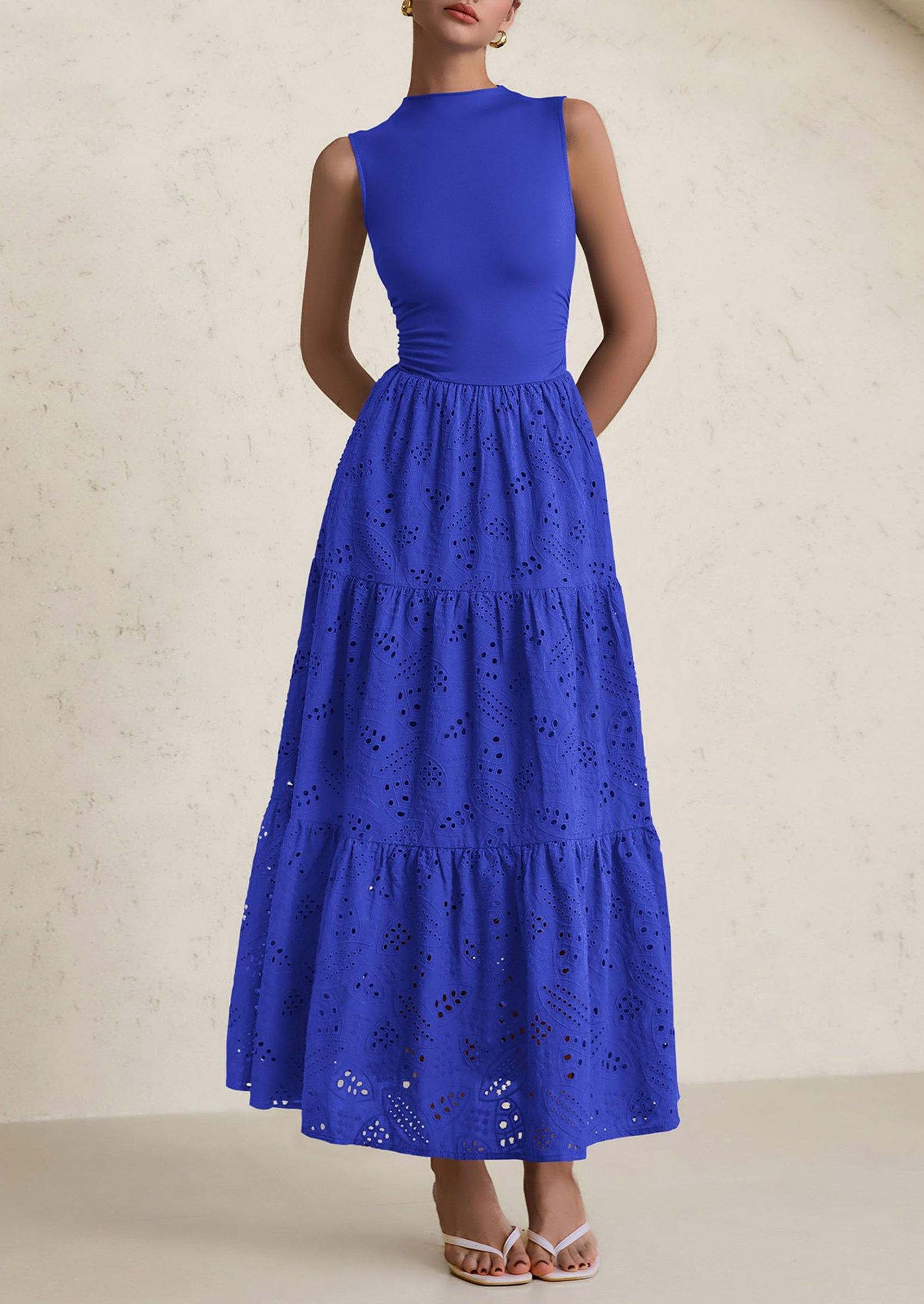 PRETTYGARDEN Dresses for Women Casual Eyelet Sleeveless Wedding Guest Maxi Dress Tank Top Sundress with Pockets