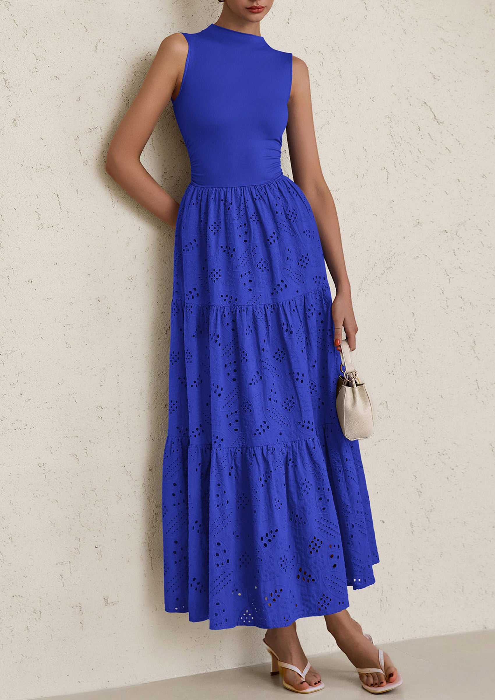 PRETTYGARDEN Dresses for Women Casual Eyelet Sleeveless Wedding Guest Maxi Dress Tank Top Sundress with Pockets