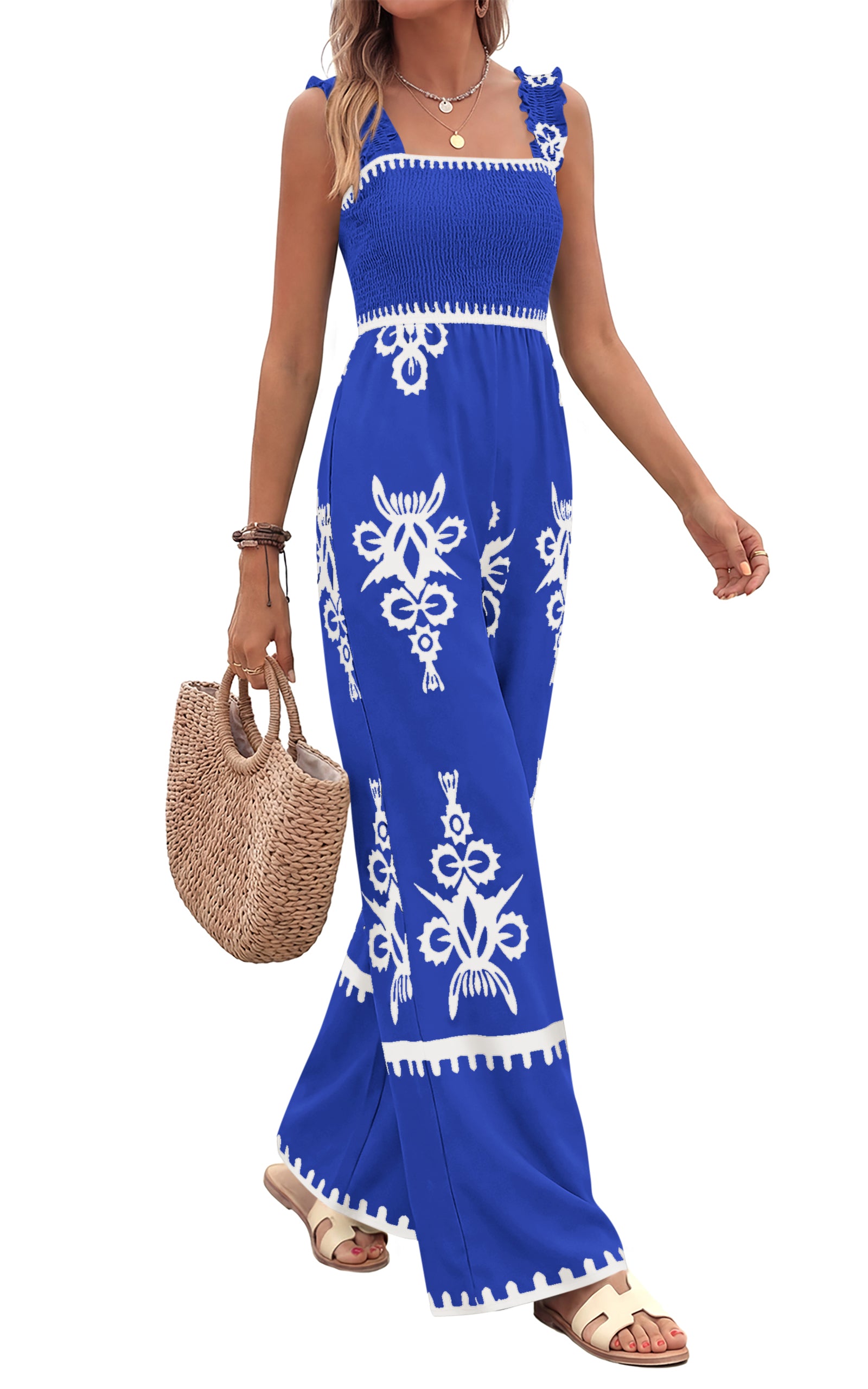 PRETTYGARDEN Womens Jumpsuit Casual One Piece Boho Summer Outfits Shirred Strap Wide Leg Long Pants Rompers With Pockets
