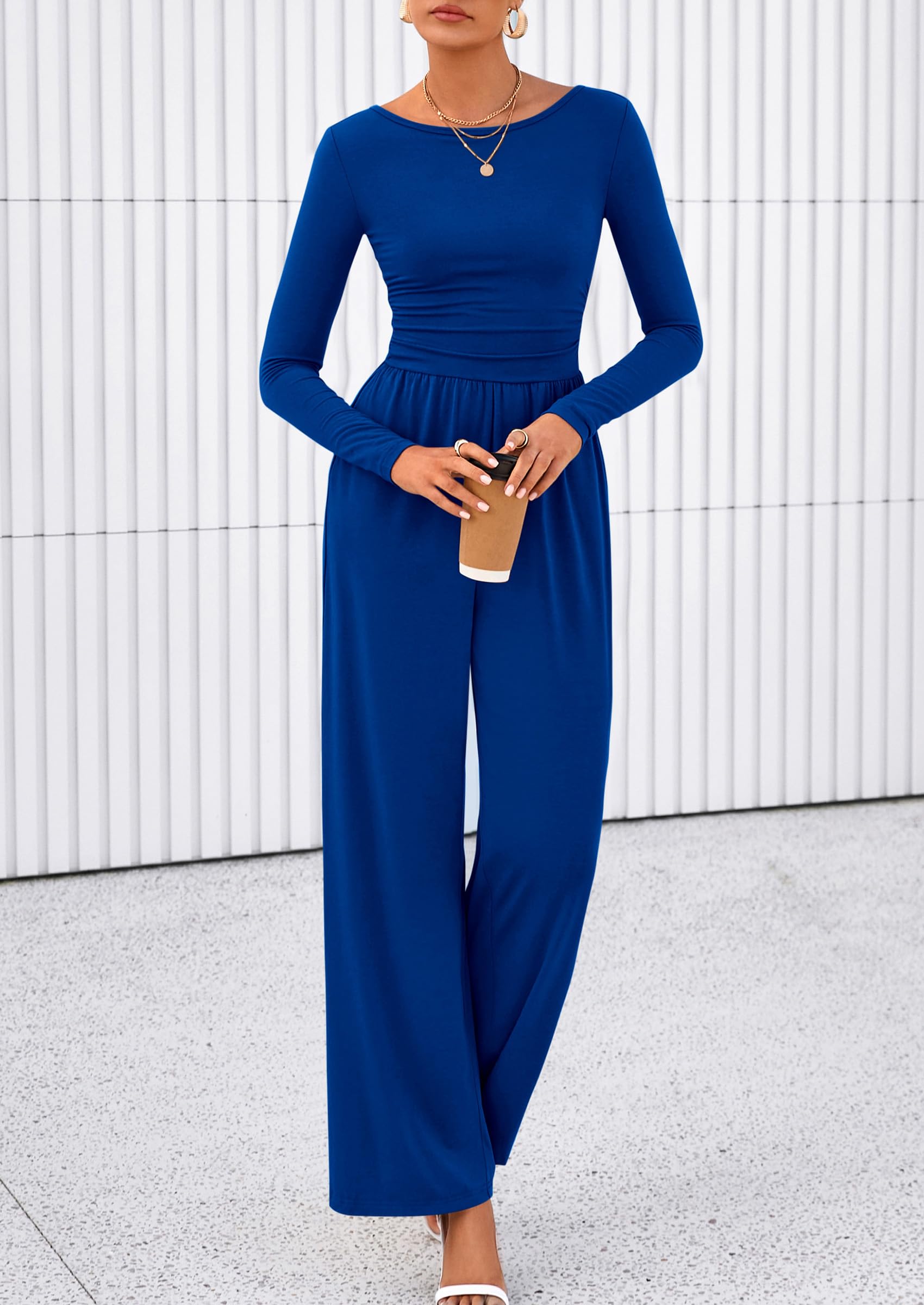 PRETTYGARDEN One Piece Jumpsuits for Women Dressy Casual Long Sleeve Crewneck Wide Leg Romper Overalls Spring Outfits