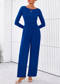PRETTYGARDEN One Piece Jumpsuits for Women Dressy Casual Long Sleeve Crewneck Wide Leg Romper Overalls Spring Outfits