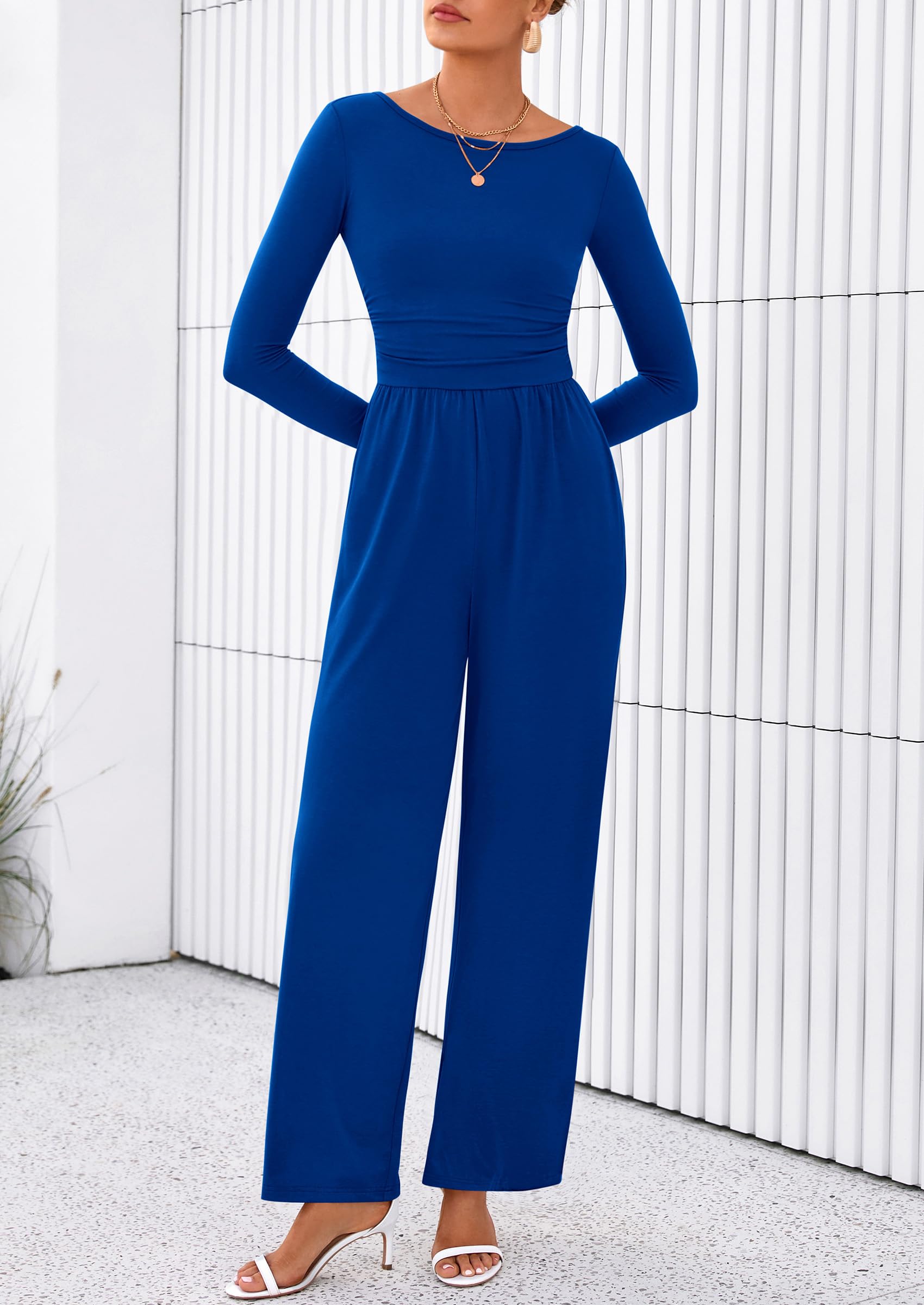 PRETTYGARDEN One Piece Jumpsuits for Women Dressy Casual Long Sleeve Crewneck Wide Leg Romper Overalls Spring Outfits