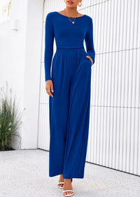 PRETTYGARDEN One Piece Jumpsuits for Women Dressy Casual Long Sleeve Crewneck Wide Leg Romper Overalls Spring Outfits