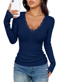 PRETTYGARDEN Women's Lace Trim Ribbed Knit Henley Long Sleeve Shirts Lightweight Button Up V Neck Pullover Tops, Dressy Casual Slim Fit Ladies Blouses, 2026 Early Fall Fashion Y2k Outfits