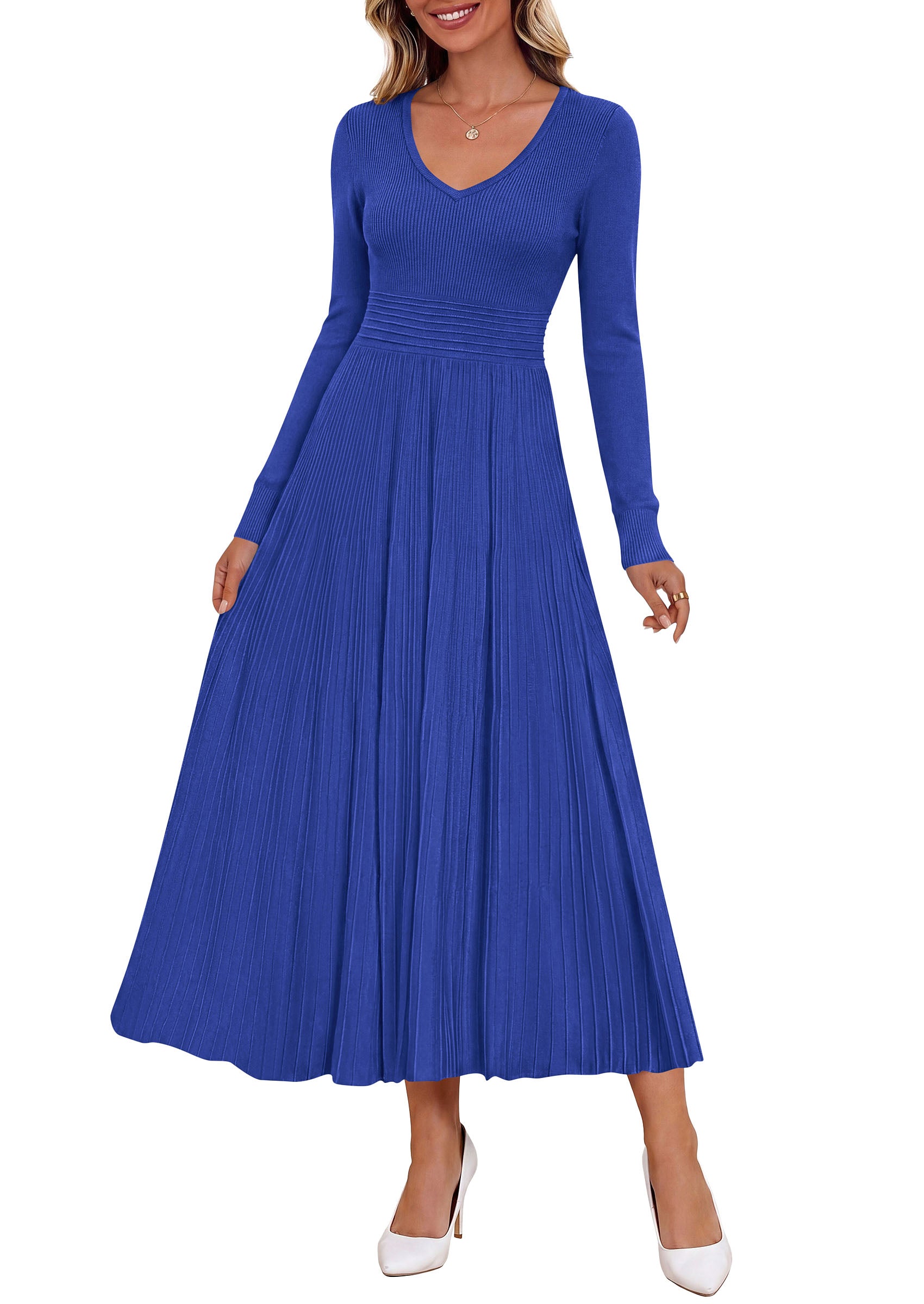 PRETTYGARDEN Women's Fall V Neck Pleated Midi Sweater Dress  Stretchy Ribbed Knit,Long Sleeve,A Line Flowy Skirt,Elegant Long Dresses for Wedding Guest,Work Office,Winter Party Outfits