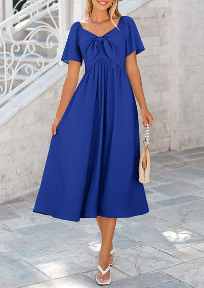 PRETTYGARDEN Summer Dress for Women Casual Short Sleeve Bow Tie V Neck Ruffle Midi Flowy Dresses