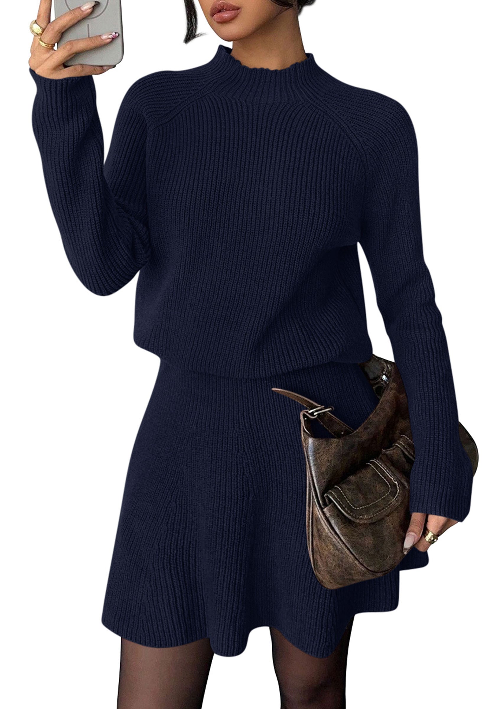 PRETTYGARDEN Women's Fall 2 Piece Outfits Matching Sweater Skirt Sets  Cozy Ribbed Knit, Raglan Long Sleeve, Crewneck Pullover, Elastic Waist A Line, Mini Short Skirts, Holiday Winter Clothing