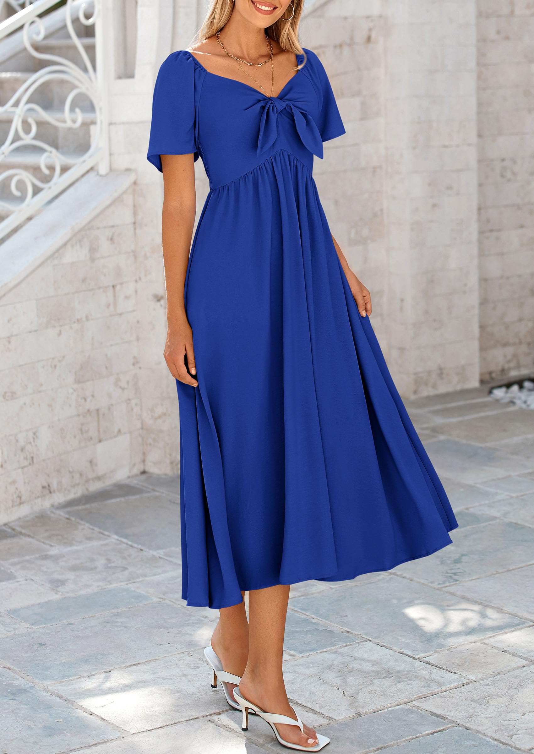 PRETTYGARDEN Summer Dress for Women Casual Short Sleeve Bow Tie V Neck Ruffle Midi Flowy Dresses