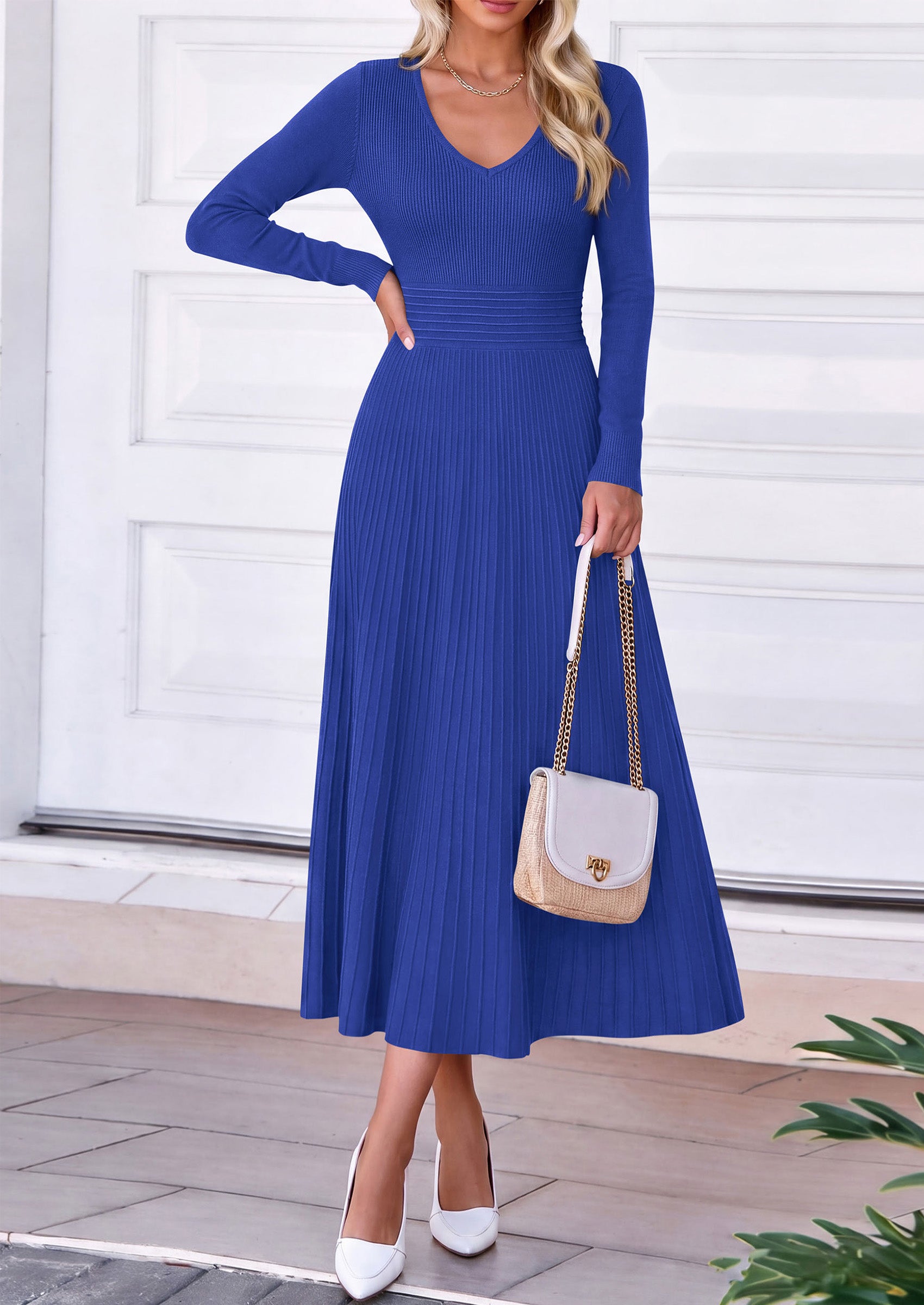 PRETTYGARDEN Women's Fall V Neck Pleated Midi Sweater Dress  Stretchy Ribbed Knit,Long Sleeve,A Line Flowy Skirt,Elegant Long Dresses for Wedding Guest,Work Office,Winter Party Outfits