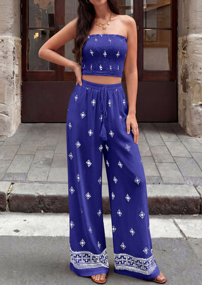 PRETTYGARDEN 2 Piece Sets for women Summer 2026 Travel Outfits Print Tube Tops Wide Leg Pants Beach Vacation Clothes