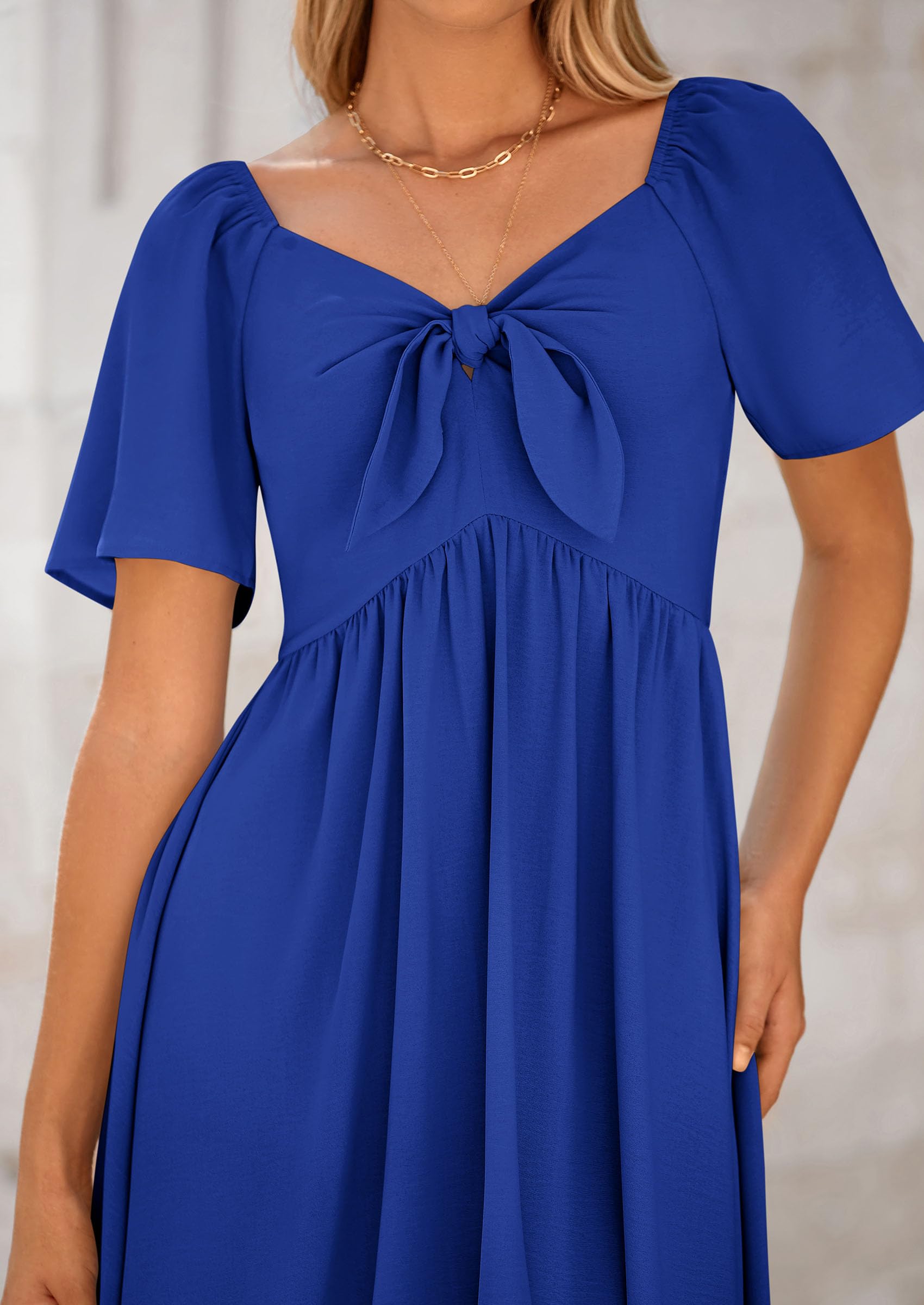 PRETTYGARDEN Summer Dress for Women Casual Short Sleeve Bow Tie V Neck Ruffle Midi Flowy Dresses