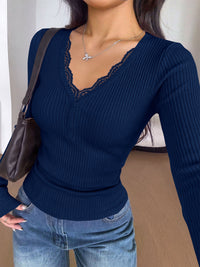 PRETTYGARDEN Women's Lace Trim Ribbed Knit Henley Long Sleeve Shirts Lightweight Button Up V Neck Pullover Tops, Dressy Casual Slim Fit Ladies Blouses, 2026 Early Fall Fashion Y2k Outfits
