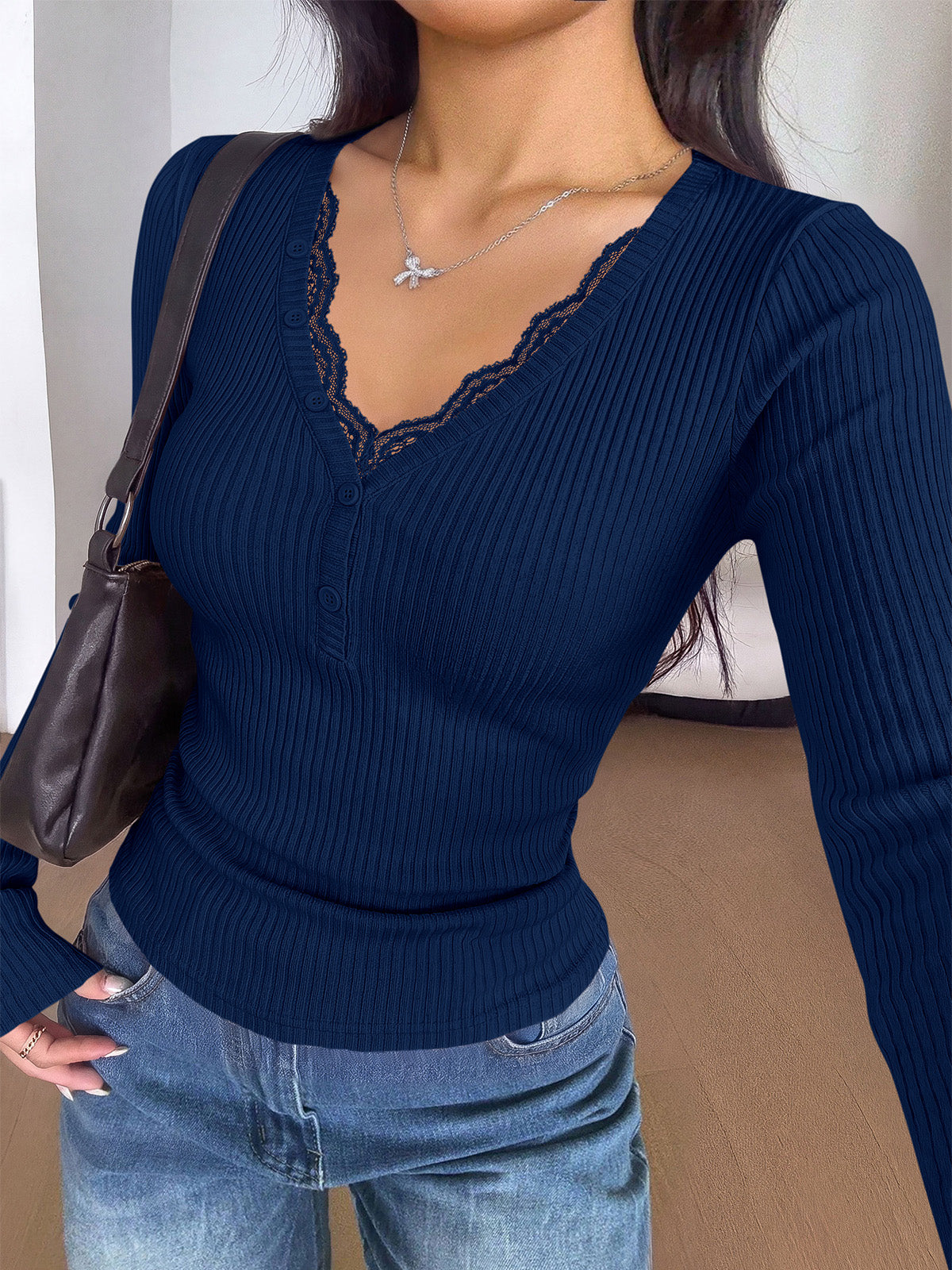 PRETTYGARDEN Women's Lace Trim Ribbed Knit Henley Long Sleeve Shirts Lightweight Button Up V Neck Pullover Tops, Dressy Casual Slim Fit Ladies Blouses, 2026 Early Fall Fashion Y2k Outfits