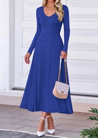 PRETTYGARDEN Women's Fall V Neck Pleated Midi Sweater Dress  Stretchy Ribbed Knit,Long Sleeve,A Line Flowy Skirt,Elegant Long Dresses for Wedding Guest,Work Office,Winter Party Outfits