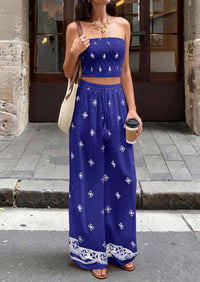 PRETTYGARDEN 2 Piece Sets for women Summer 2026 Travel Outfits Print Tube Tops Wide Leg Pants Beach Vacation Clothes