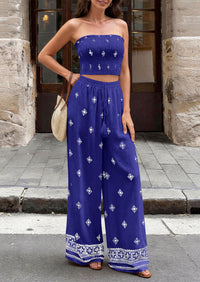 PRETTYGARDEN 2 Piece Sets for women Summer 2026 Travel Outfits Print Tube Tops Wide Leg Pants Beach Vacation Clothes