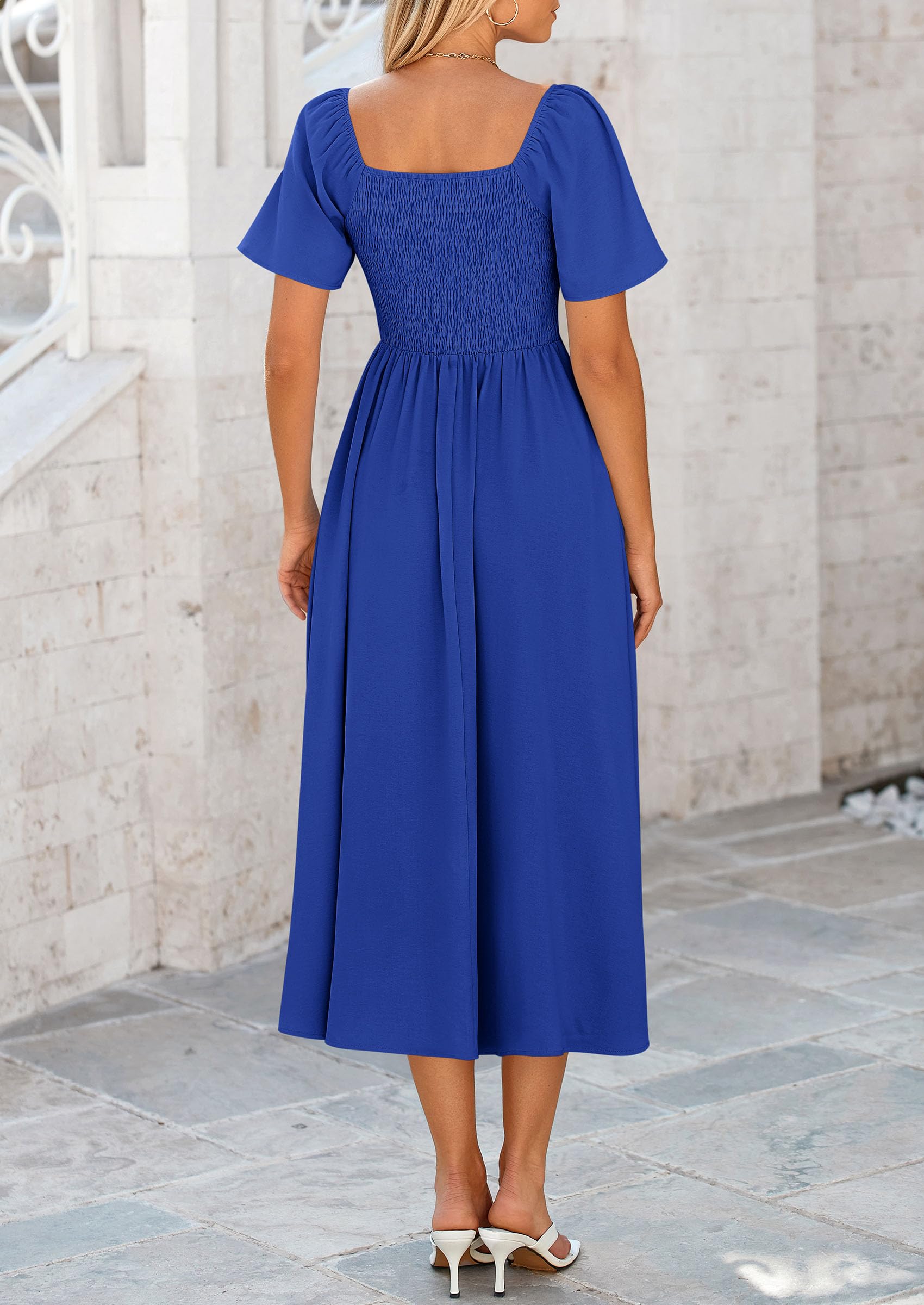 PRETTYGARDEN Summer Dress for Women Casual Short Sleeve Bow Tie V Neck Ruffle Midi Flowy Dresses