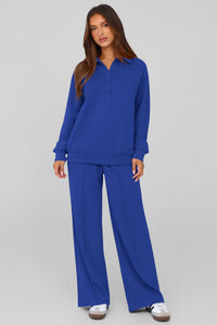 PRETTYGARDEN Women Fall 2 Piece Outfits Sweatsuits Quarter Button Long Sleeve Sweatshirt Wide Leg Pants Tracksuit Lounge Sets