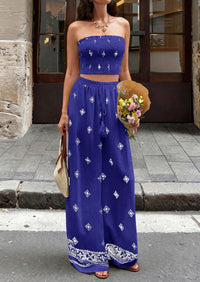 PRETTYGARDEN 2 Piece Sets for women Summer 2026 Travel Outfits Print Tube Tops Wide Leg Pants Beach Vacation Clothes