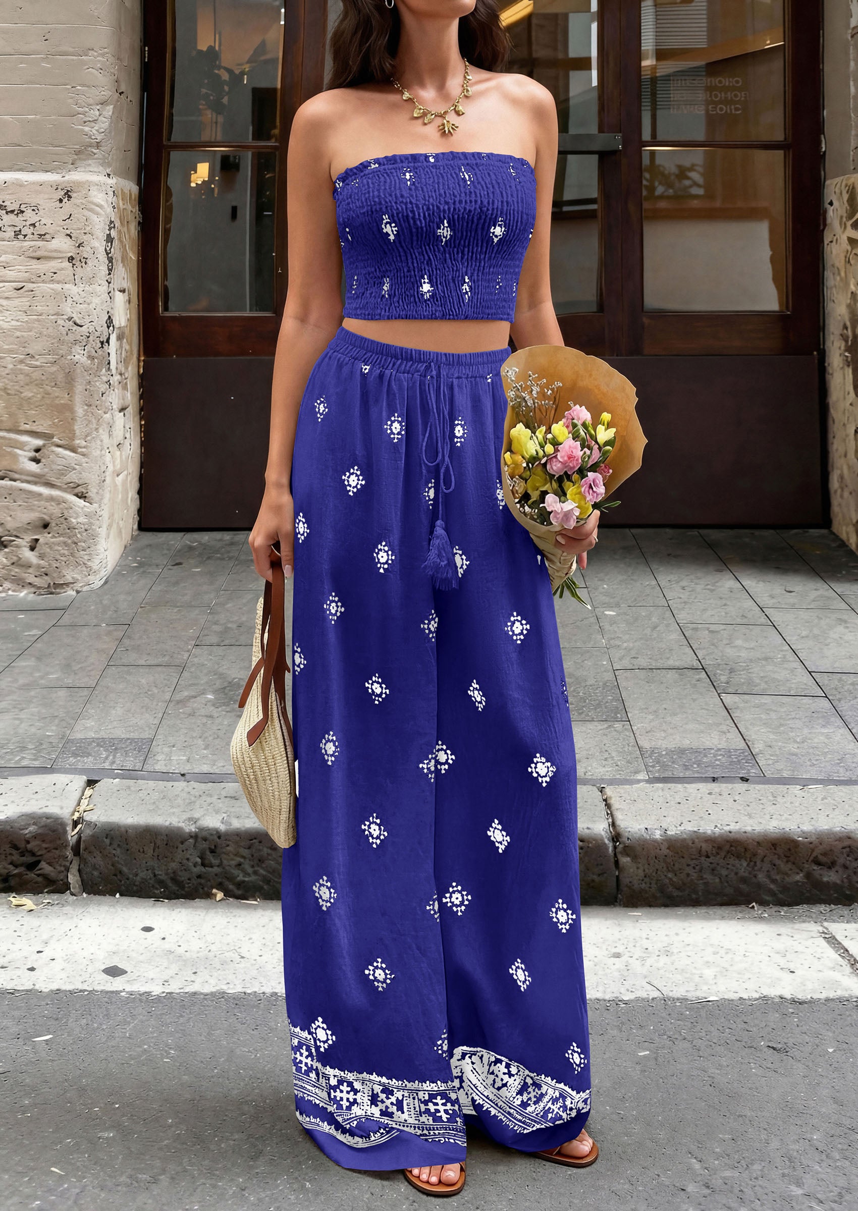 PRETTYGARDEN 2 Piece Sets for women Summer 2026 Travel Outfits Print Tube Tops Wide Leg Pants Beach Vacation Clothes