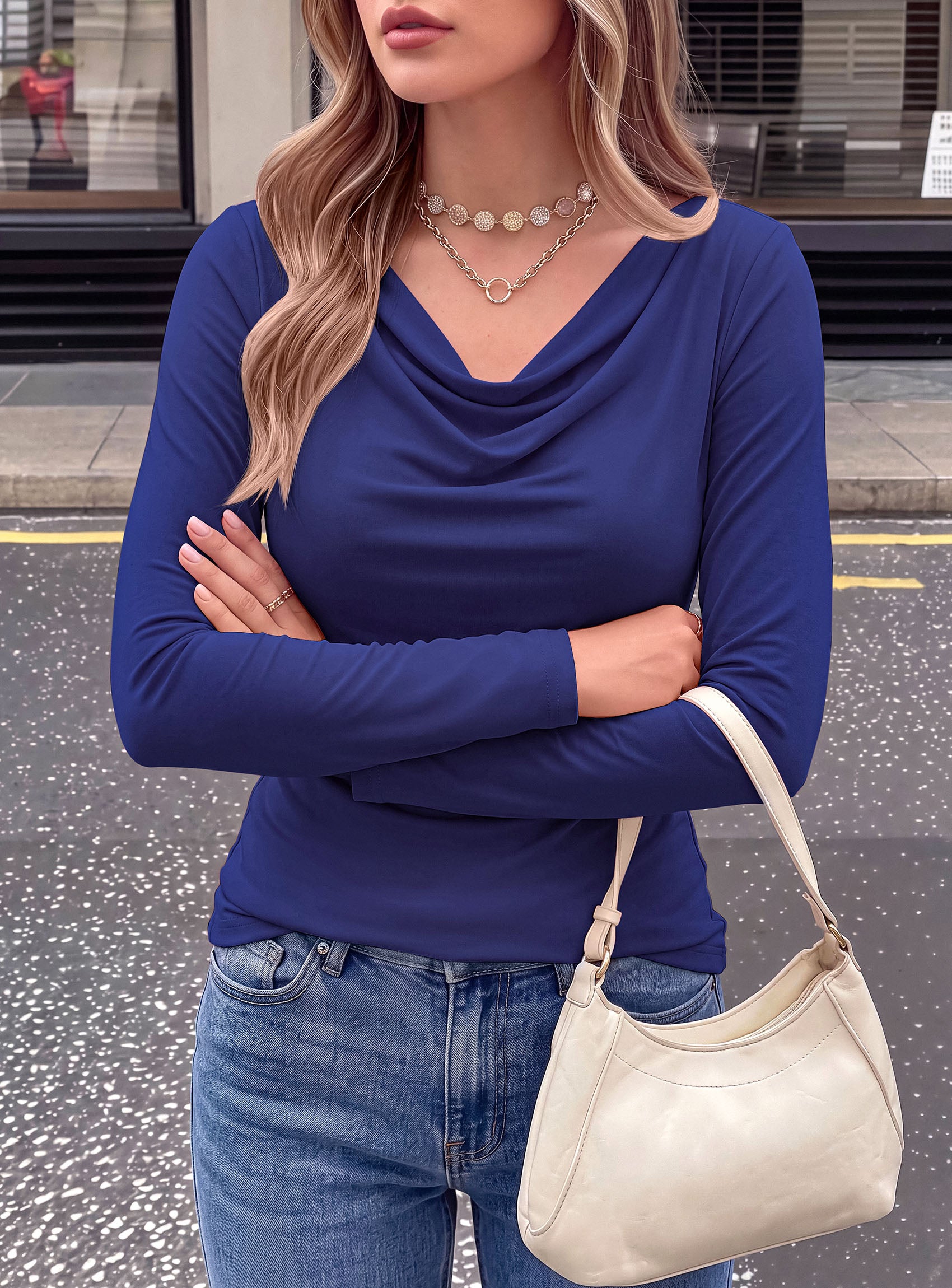 PRETTYGARDEN Cowl Neck Tops for Women Fashion Long Sleeve Shirt  Comfy Ruched Shirts, Soft Lightweight Knit, Chic Cowl Neck Top, Casual Going Out Outfits, Fall Winter Trendy Clothes