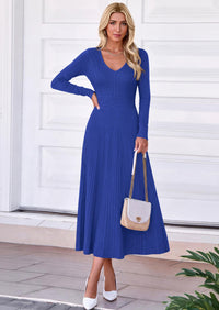PRETTYGARDEN Women's Fall V Neck Pleated Midi Sweater Dress  Stretchy Ribbed Knit,Long Sleeve,A Line Flowy Skirt,Elegant Long Dresses for Wedding Guest,Work Office,Winter Party Outfits