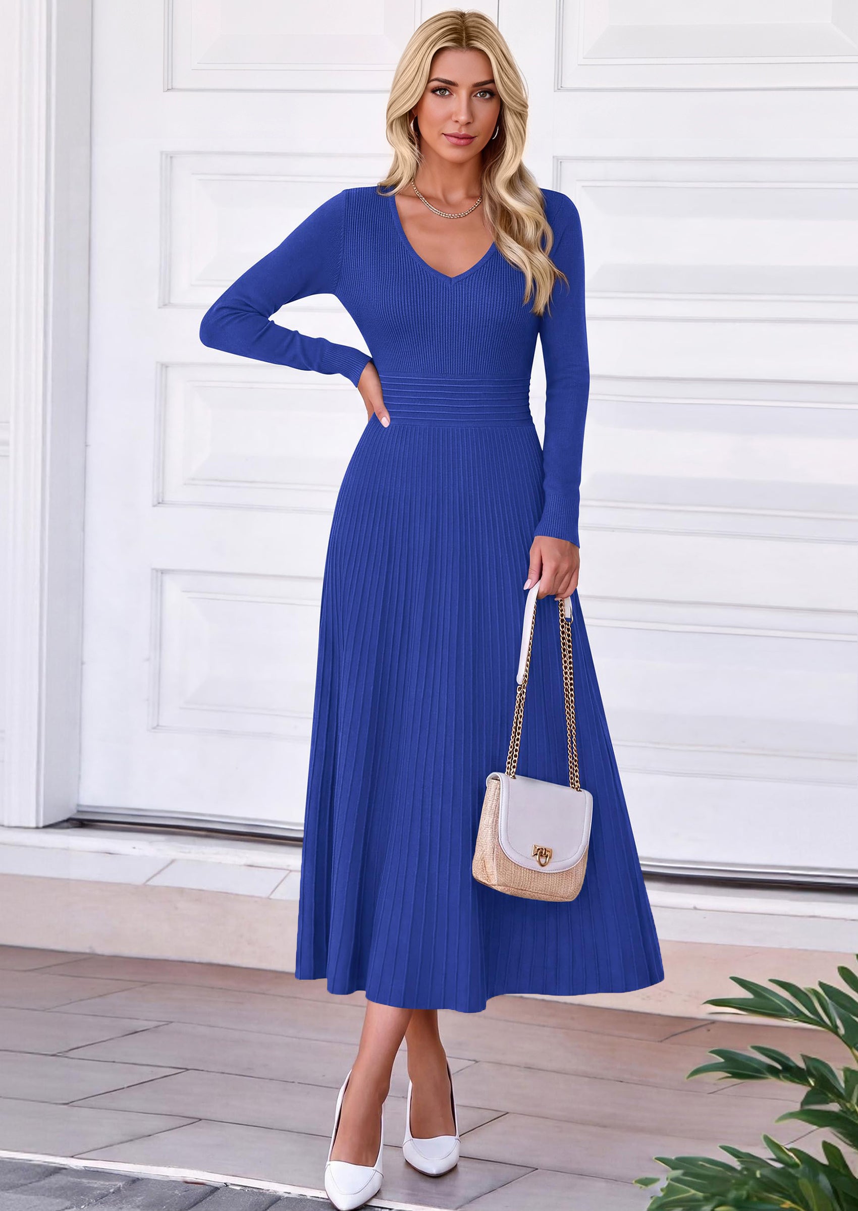 PRETTYGARDEN Women's Fall V Neck Pleated Midi Sweater Dress  Stretchy Ribbed Knit,Long Sleeve,A Line Flowy Skirt,Elegant Long Dresses for Wedding Guest,Work Office,Winter Party Outfits