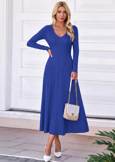 PRETTYGARDEN Women's Fall V Neck Pleated Midi Sweater Dress  Stretchy Ribbed Knit,Long Sleeve,A Line Flowy Skirt,Elegant Long Dresses for Wedding Guest,Work Office,Winter Party Outfits