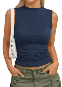 PRETTYGARDEN Tank Top for Women Summer Fashion Clothing Mock Neck Ribbed Knit Slim Fitted Shirts Going Out Tops PRETTYGARDEN