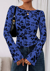 PRETTYGARDEN Women Long Sleeve Floral Mesh Tops Blouse  Fall Trendy Boat Neck Ruched Fitted Shirt Going Out Date Outfits