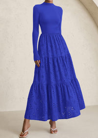 PRETTYGARDEN Long Sleeve Dress for Women Fall Eyelet Mock Neck A Line Elegant Classy Maxi Wedding Guest Dresses Pockets