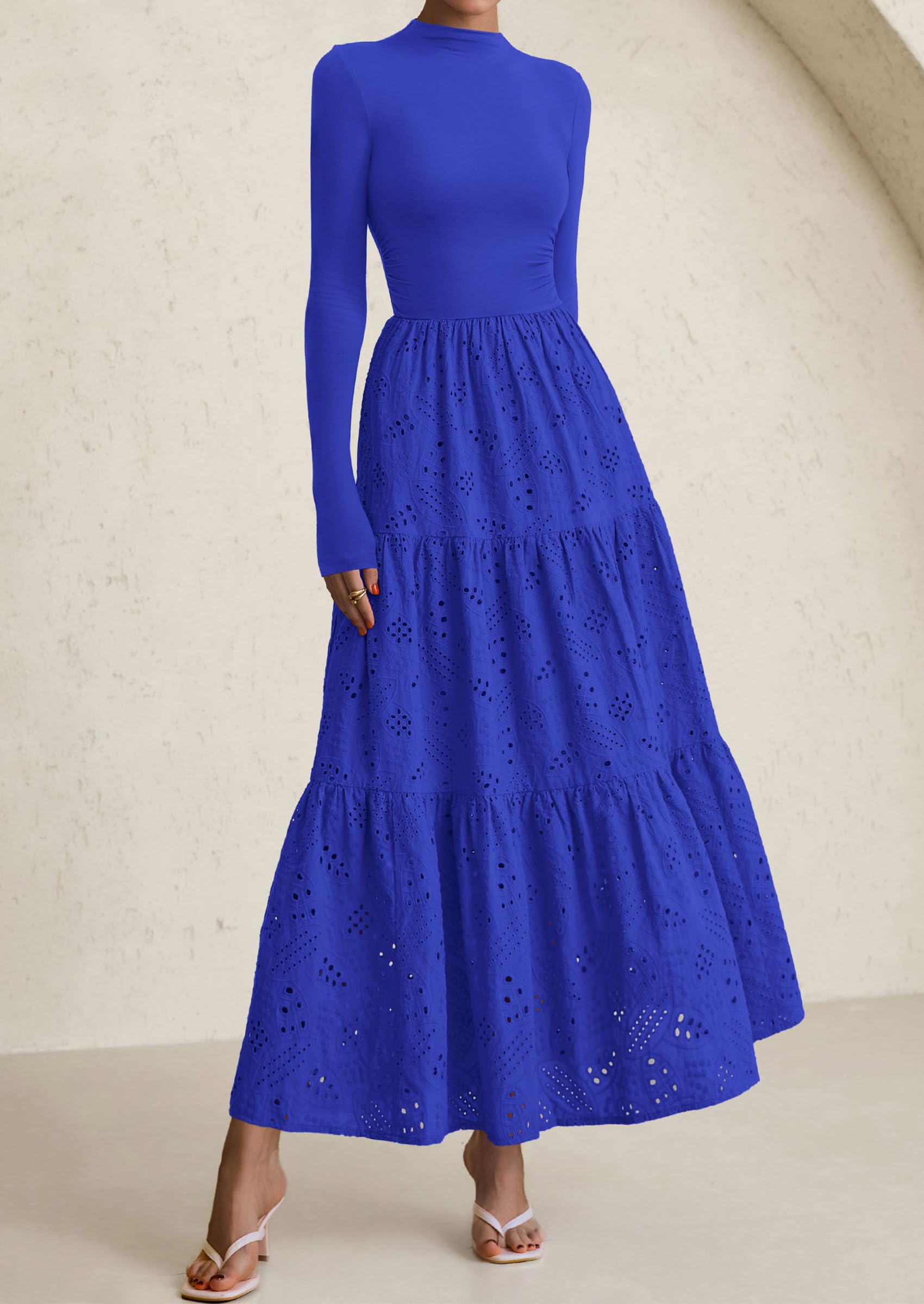 PRETTYGARDEN Long Sleeve Dress for Women Fall Eyelet Mock Neck A Line Elegant Classy Maxi Wedding Guest Dresses Pockets