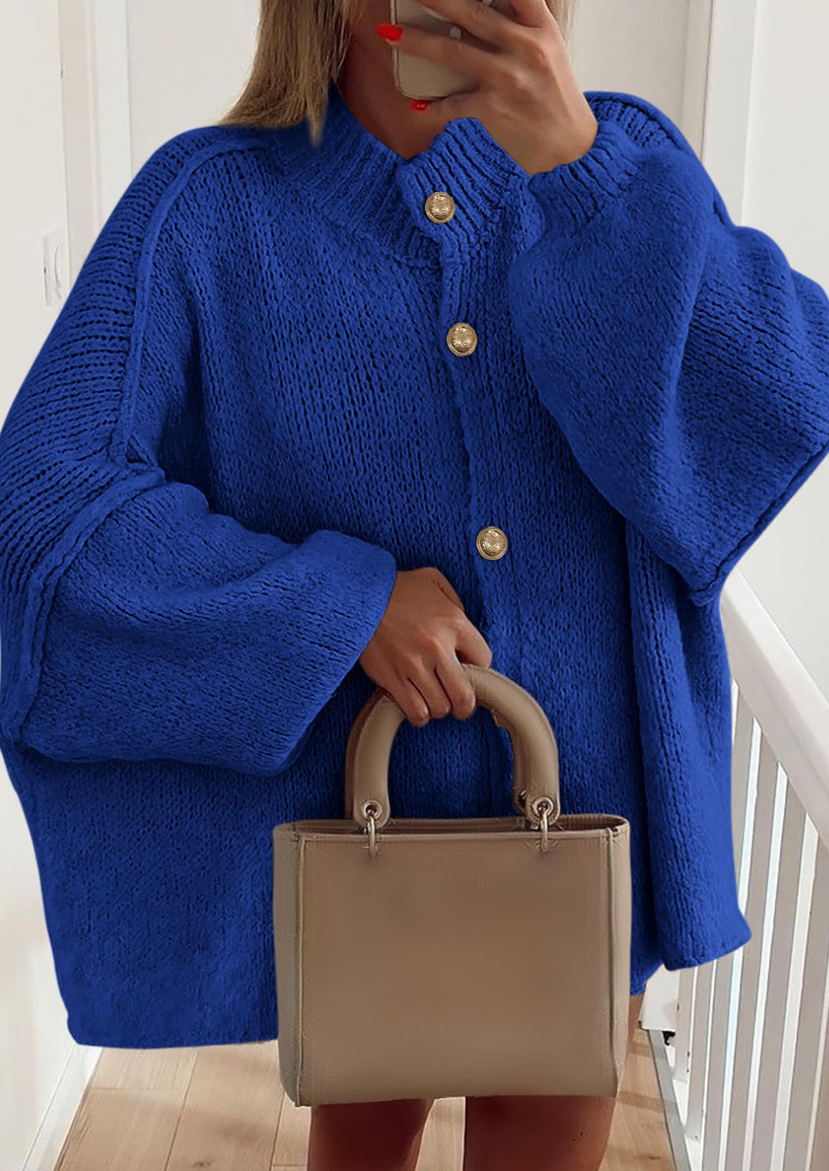 PRETTYGARDEN Women's Winter Button Down Cardigan Sweaters Mock Neck Lantern Long Sleeve Chunky Knit Jacket Trendy Outerwear