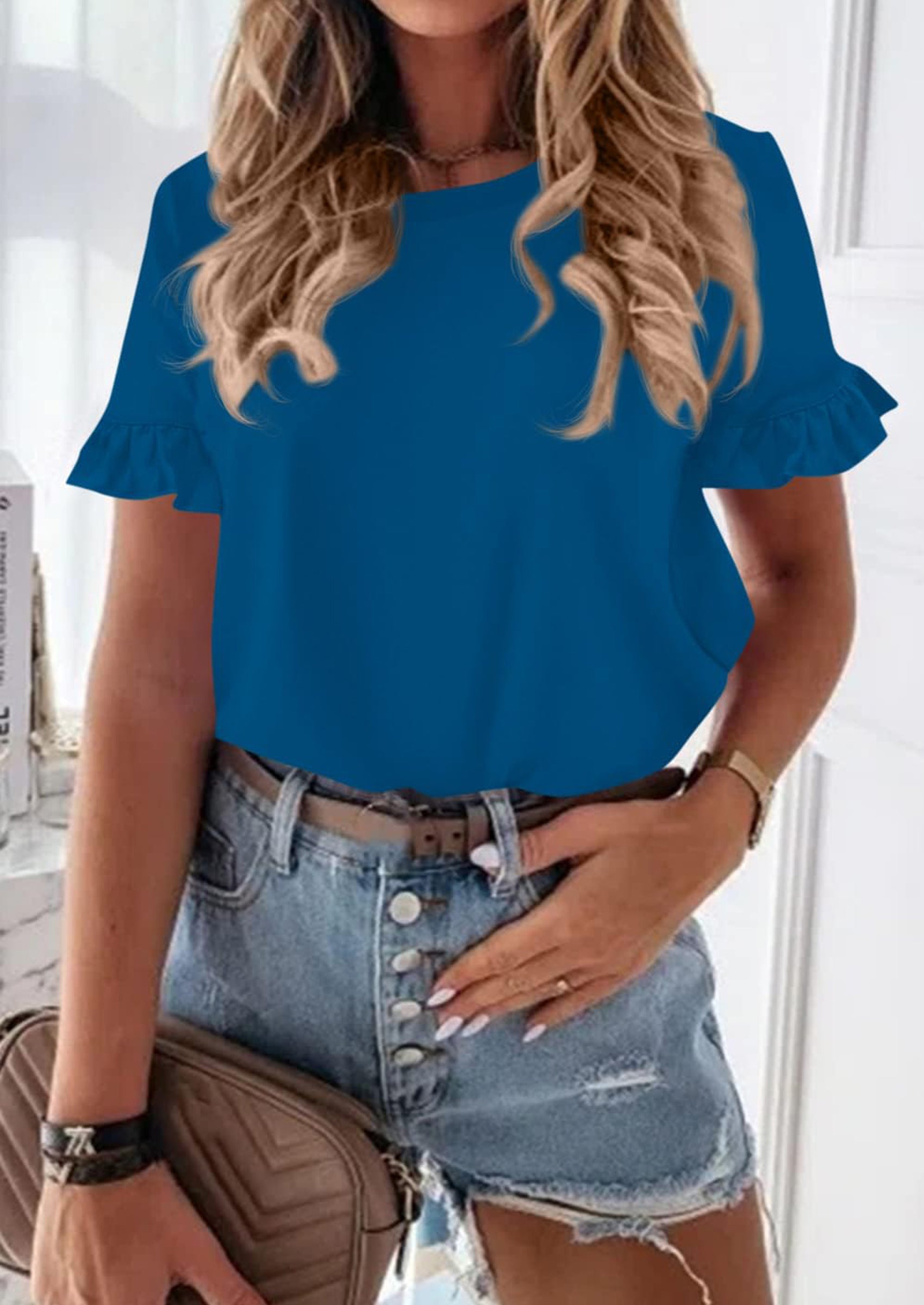 PRETTYGARDEN Women's Short Sleeve Casual T Shirts Summer Ruffle Plain Round Neck Loose Fit Tee Blouse Tops PRETTYGARDEN