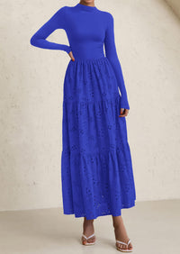 PRETTYGARDEN Long Sleeve Dress for Women Fall Eyelet Mock Neck A Line Elegant Classy Maxi Wedding Guest Dresses Pockets