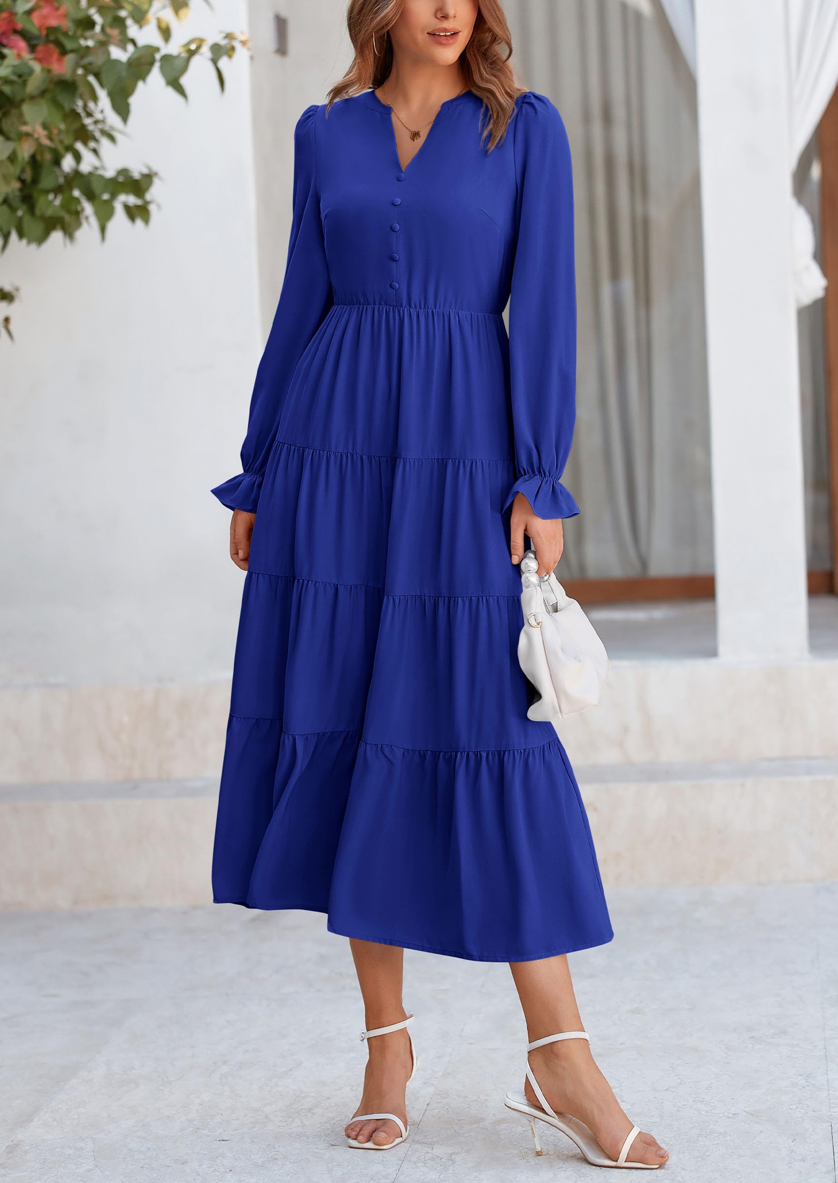 PRETTYGARDEN Women Fall Long Sleeve Smocked Maxi Dress Casual Square Neck Swiss Dot Tiered Ruffle Flowy Spring Pocket Dresses